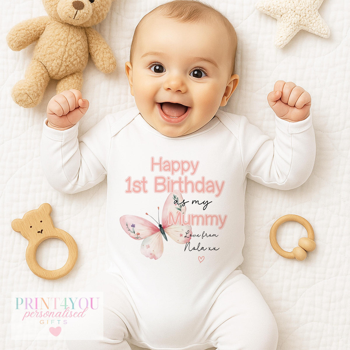 Personalised butterfly 1st birthday bib for baby's Mummy, printed with baby's chosen name.