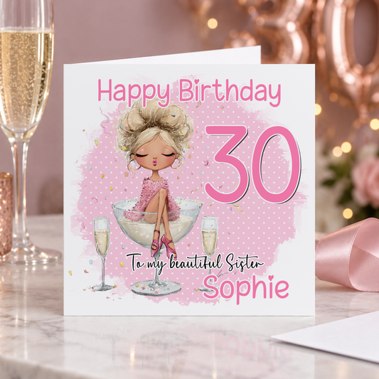 30th Birthday Card - Personalised Pink Champagne Design
