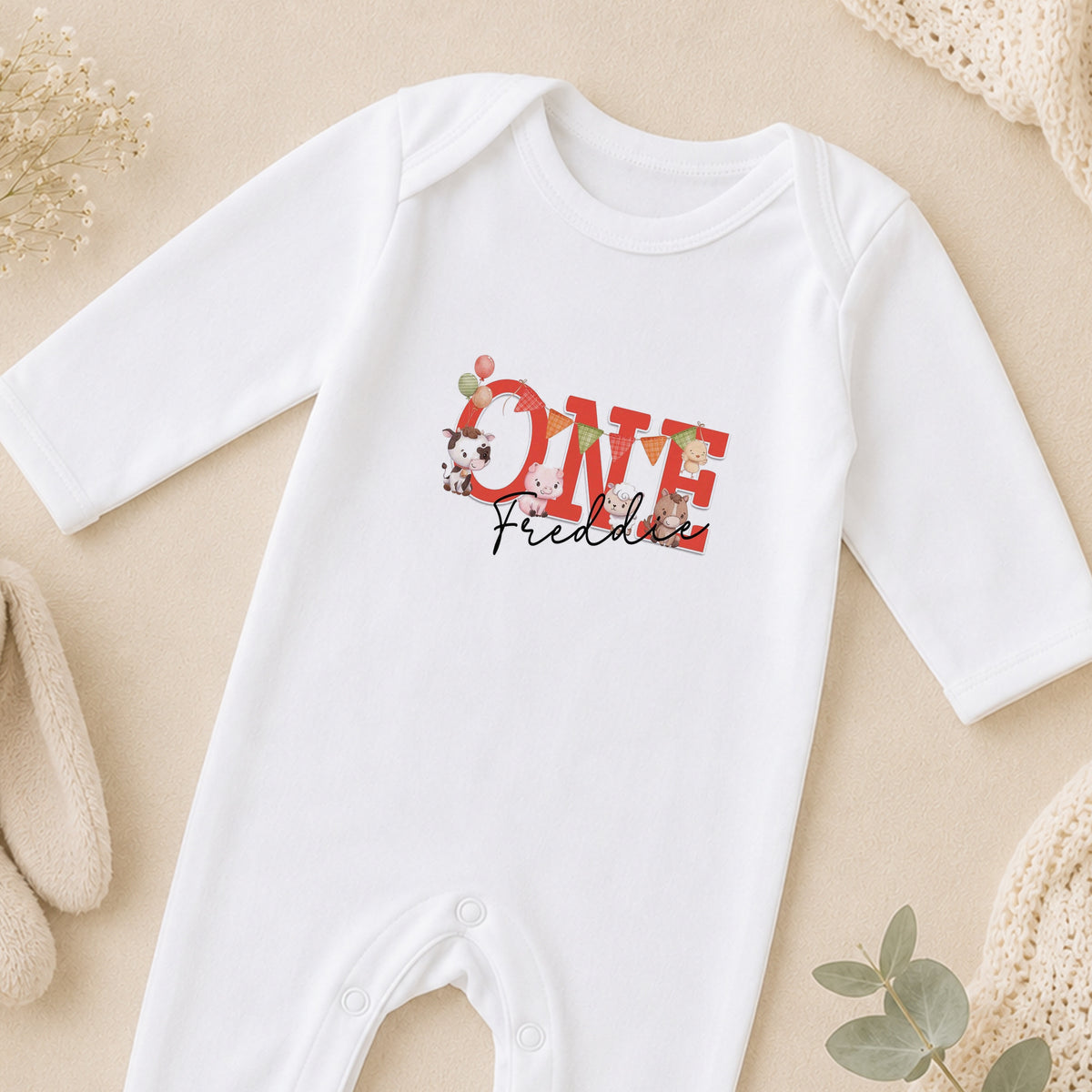 Personalised Farmyard Friends First Birthday sleepsuit