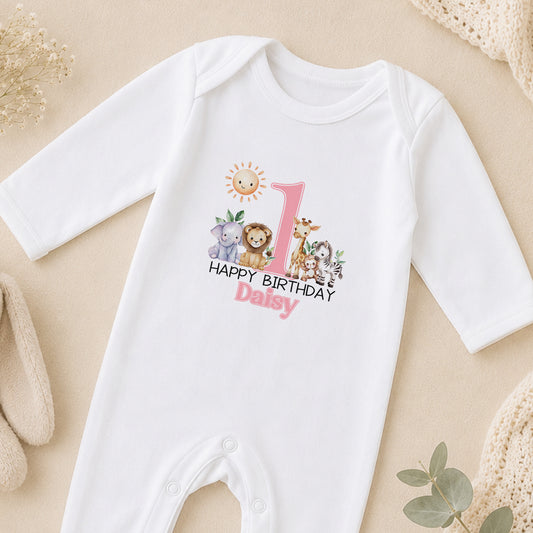 Personalised Pink Safari First Birthday sleepsuit
