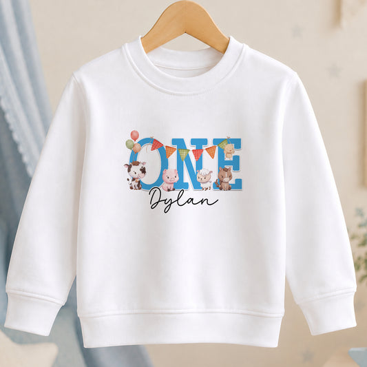 Personalised Blue Farm Animals First Birthday jumper