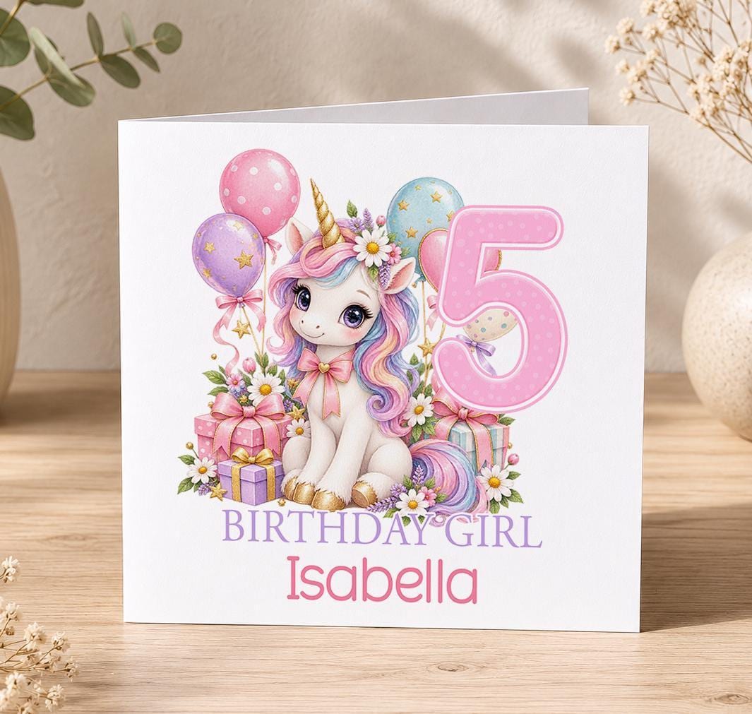 Personalised pastel unicorn birthday card – unicorn with a rainbow mane, balloons and a pink 5, Birthday Girl Isabella