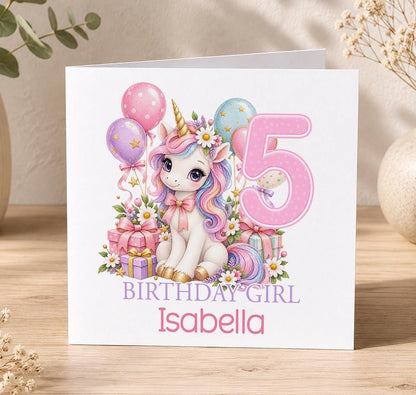 Personalised pastel unicorn birthday card – unicorn with a rainbow mane, balloons and a pink 5, Birthday Girl Isabella