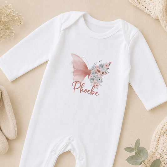 Personalised Blush Butterfly New Baby sleepsuit