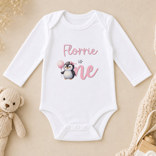 Personalised Pink Penguin Birthday long sleeve vest