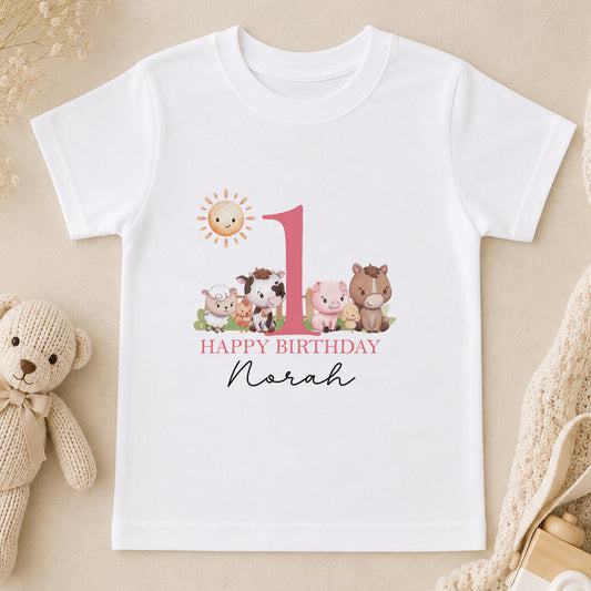 Personalised Pink Farm Animals First Birthday t-shirt