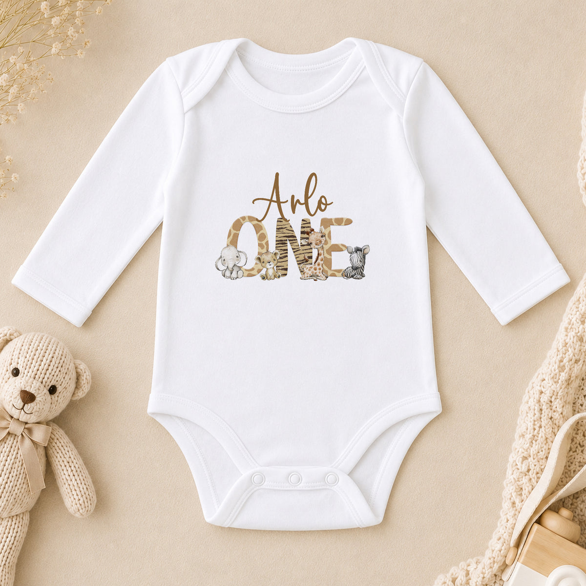 Personalised Safari Animal First Birthday long sleeve vest