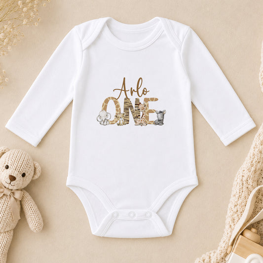 Personalised Safari Animal First Birthday long sleeve vest