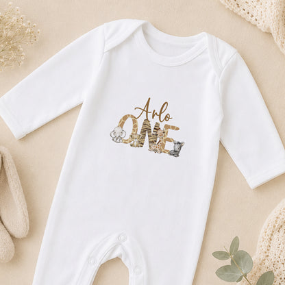 Personalised Safari Animal First Birthday sleepsuit