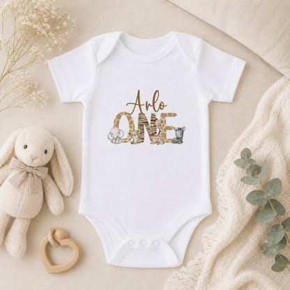 Personalised Safari Animal First Birthday baby vest