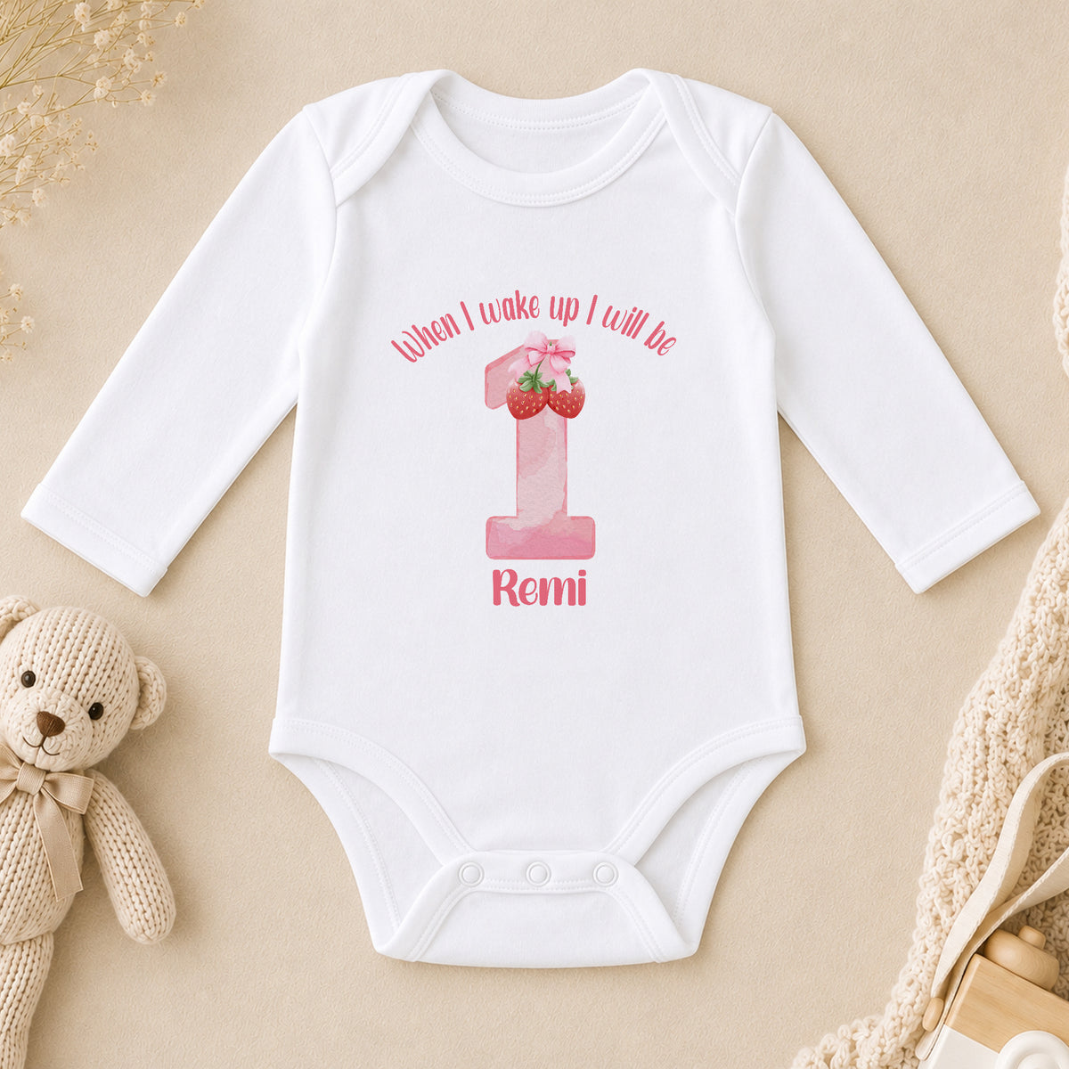 Personalised Strawberry First Birthday long sleeve vest