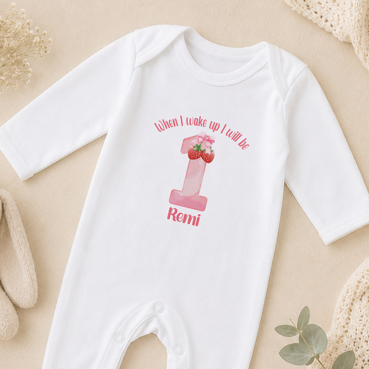 Personalised Strawberry First Birthday sleepsuit