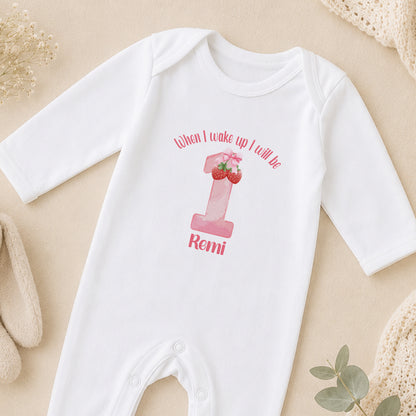 Personalised Strawberry First Birthday sleepsuit