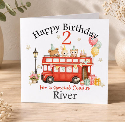 Personalised London bus birthday card – red double-decker with animal passengers, Happy Birthday 2 For a Special Cousin River
