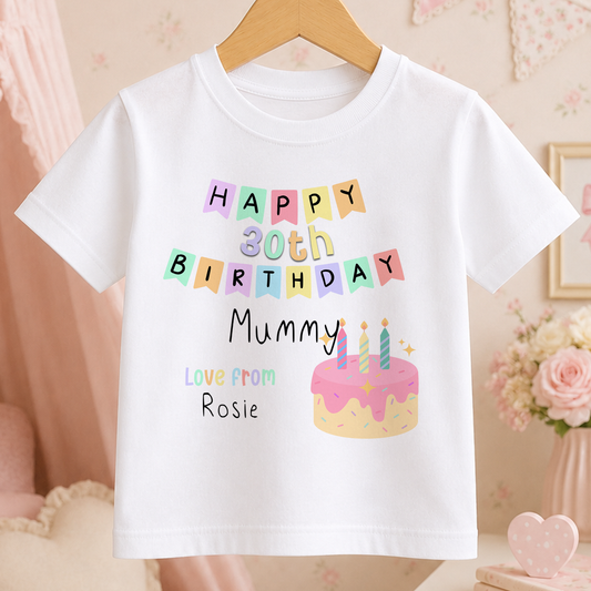 A white t-shirt with a birthday message printed on it, featuring a cake and candles.