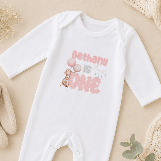 Personalised Pink Giraffe First Birthday sleepsuit
