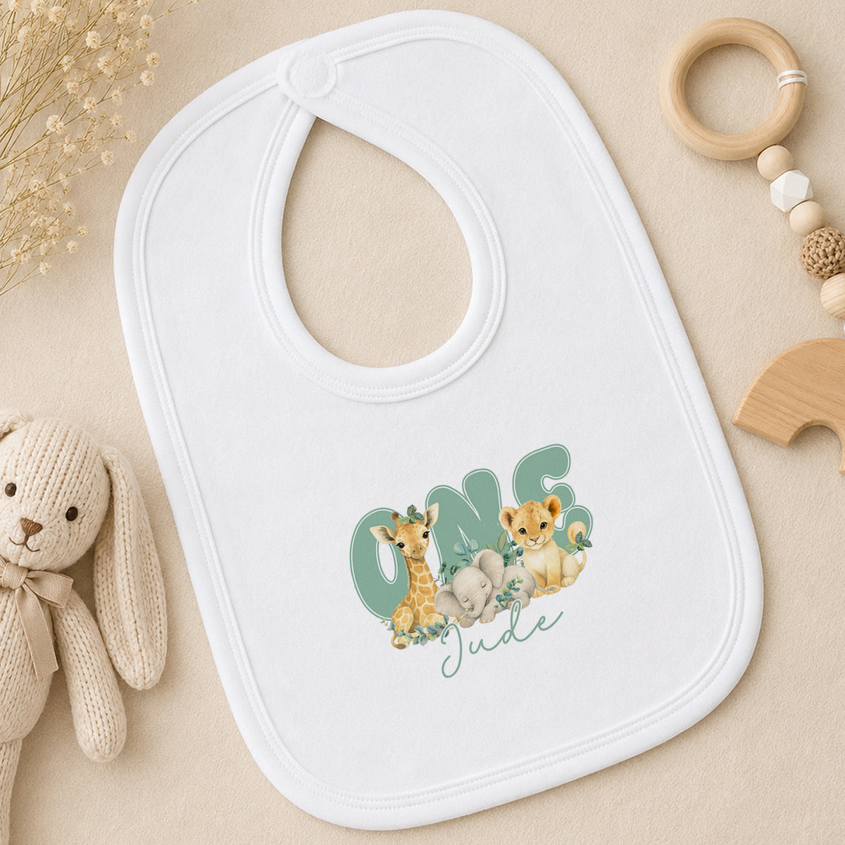 Personalised Safari Sage Green First Birthday bib