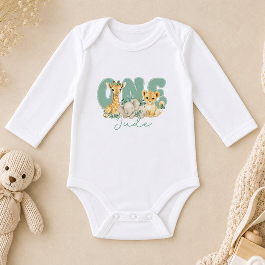 Personalised Safari Sage Green First Birthday long sleeve vest