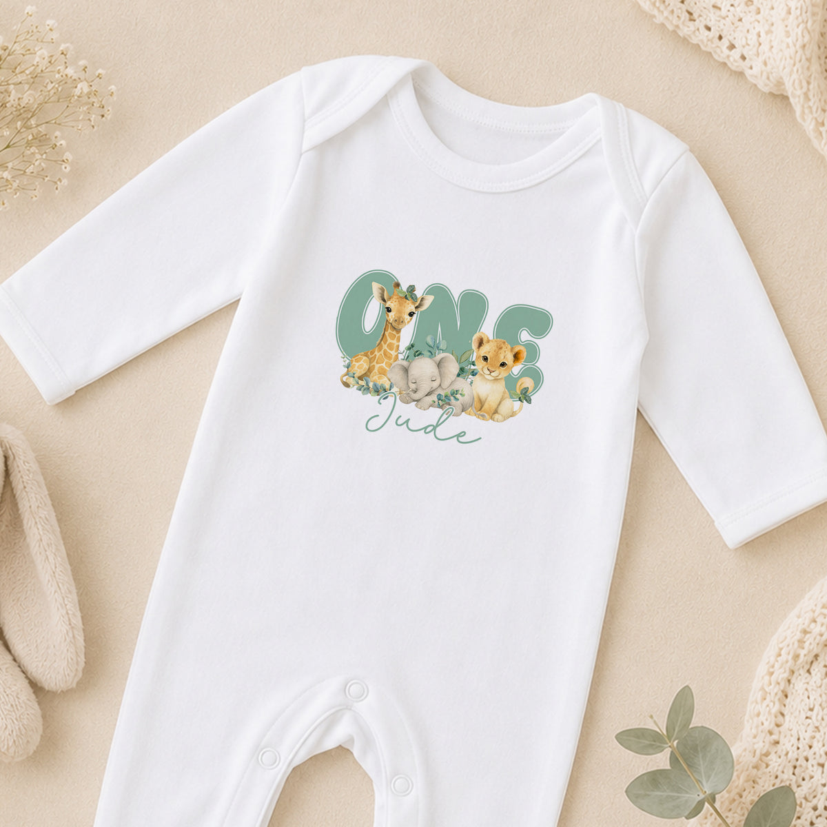 Personalised Safari Sage Green First Birthday sleepsuit