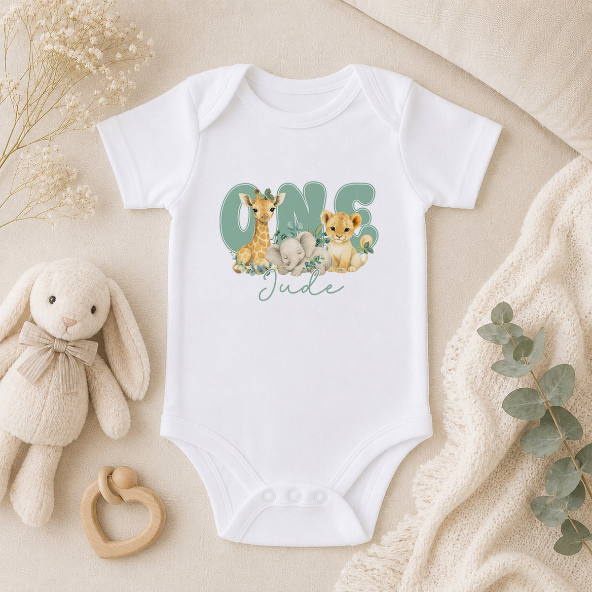 Personalised Safari Sage Green First Birthday baby vest