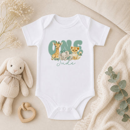 Personalised Safari Sage Green First Birthday baby vest