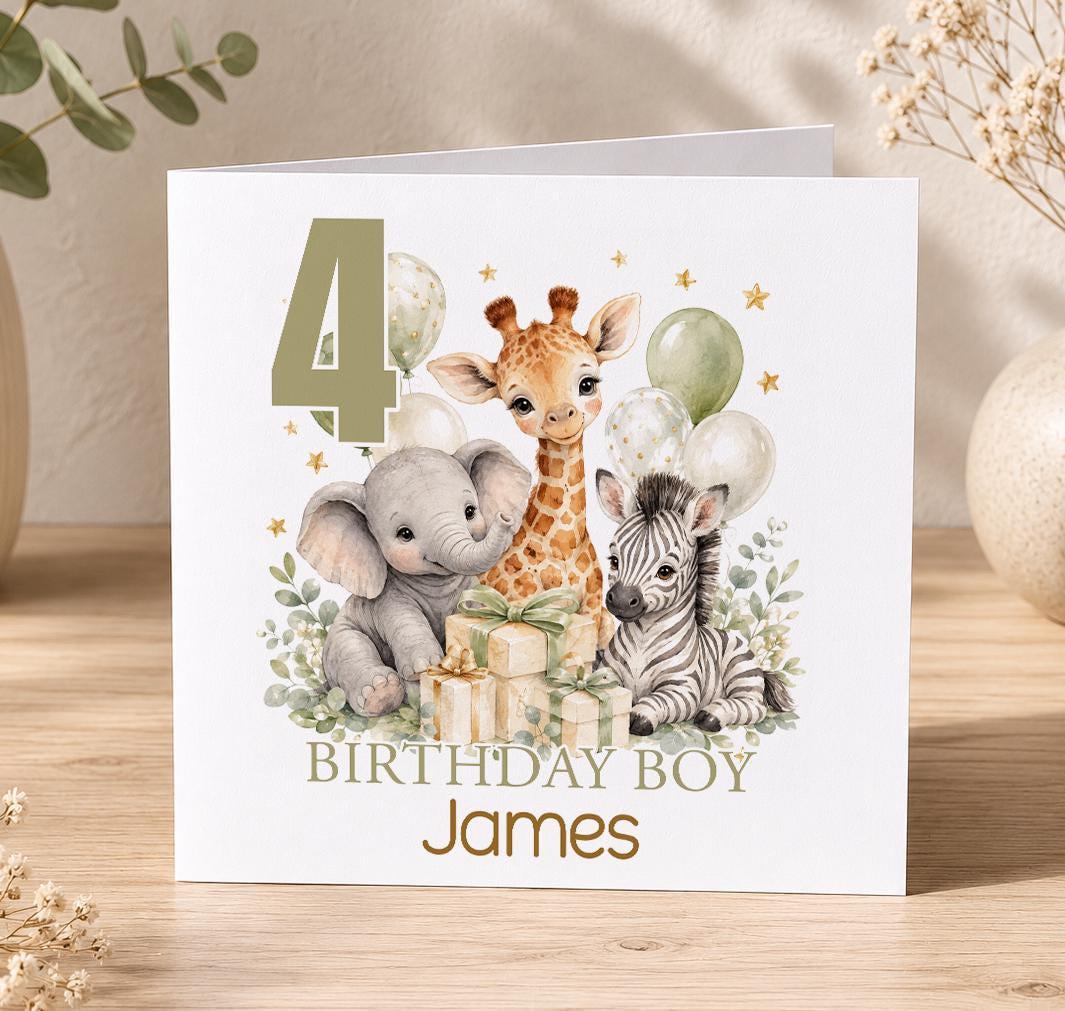 Personalised jungle birthday card – elephant, giraffe and zebra with sage balloons and a 4, Birthday Boy James