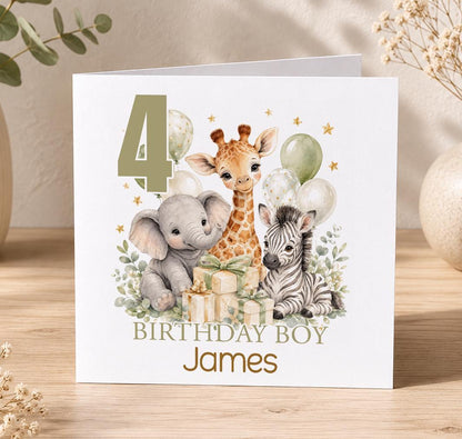 Personalised jungle birthday card – elephant, giraffe and zebra with sage balloons and a 4, Birthday Boy James