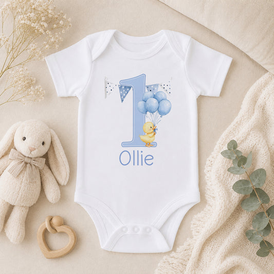 Personalised Balloon Duck First Birthday baby vest