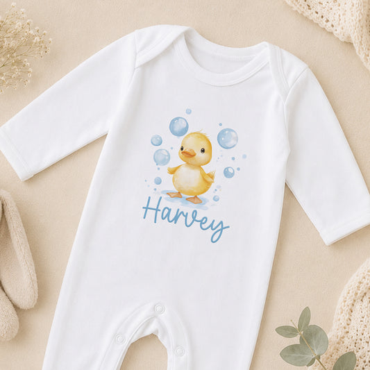 Personalised Blue Bubble Duck Baby sleepsuit