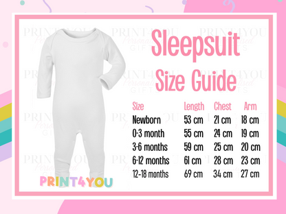 Sleepsuit size guide with length, chest and arm measurements from newborn to 12-18 months