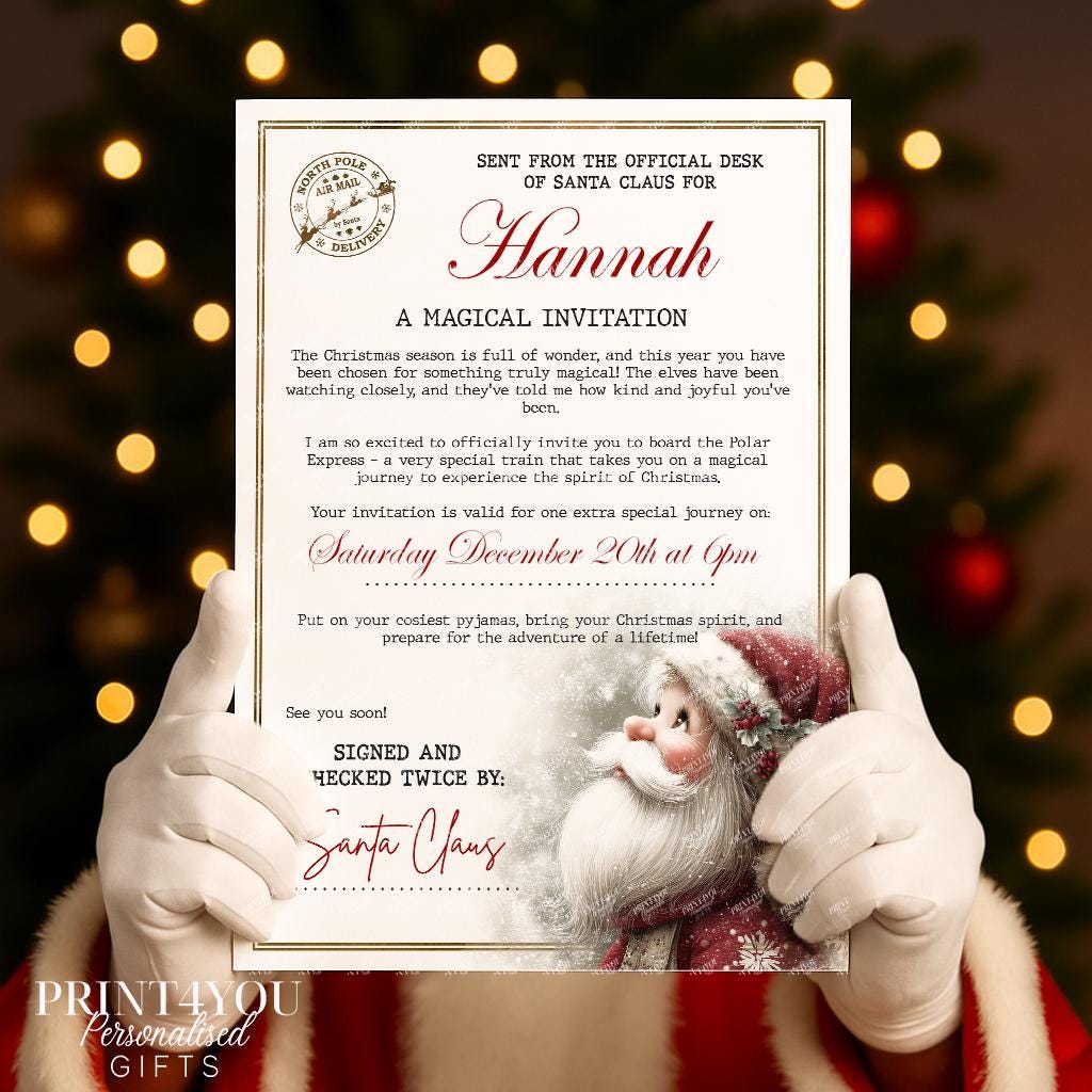 Personalised Polar Express Christmas invitation on white paper with custom name and date