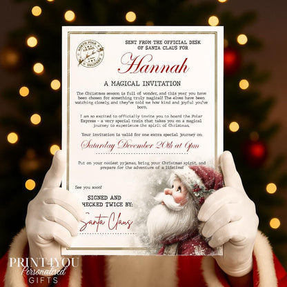 Personalised Polar Express Christmas invitation on white paper with custom name and date