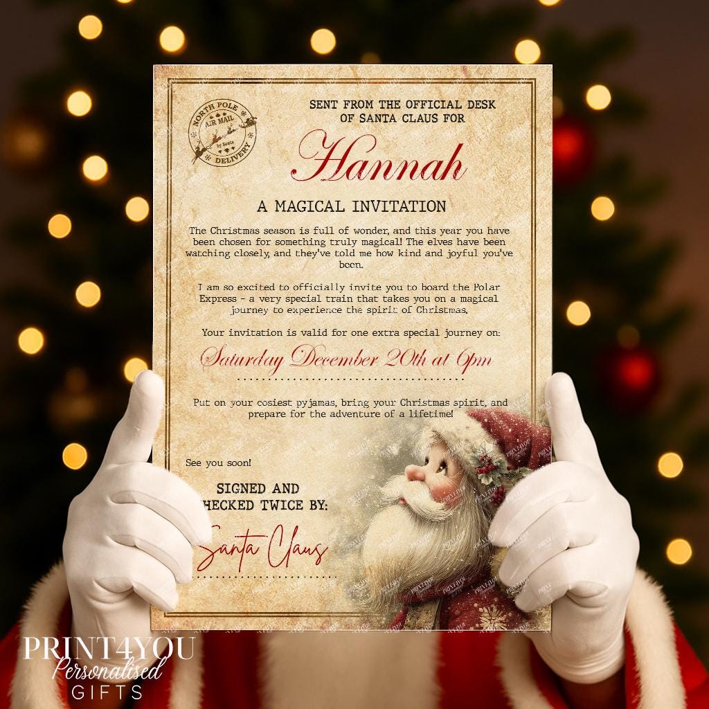 Personalised Polar Express Christmas invitation on vintage-style paper with custom name and date