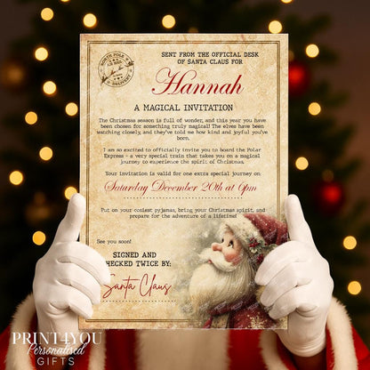 Personalised Polar Express Christmas invitation on vintage-style paper with custom name and date