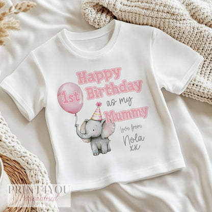 Personalised cute elephant bib printed with 'Happy 1st Birthday', your baby's chosen relation and their name.