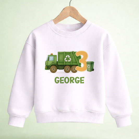 Personalised rubbish truck jumper with bin lorry design, laid flat