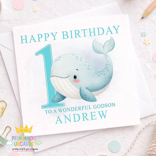Square birthday card with a cheerful cartoon whale and ocean bubbles design, personalised with a boy's name and age