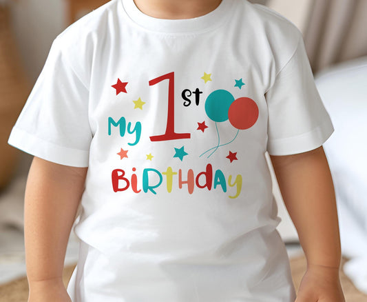 Baby wearing a white cotton first birthday t-shirt printed with colourful party balloons and 'One Today' text, size 6-12 months