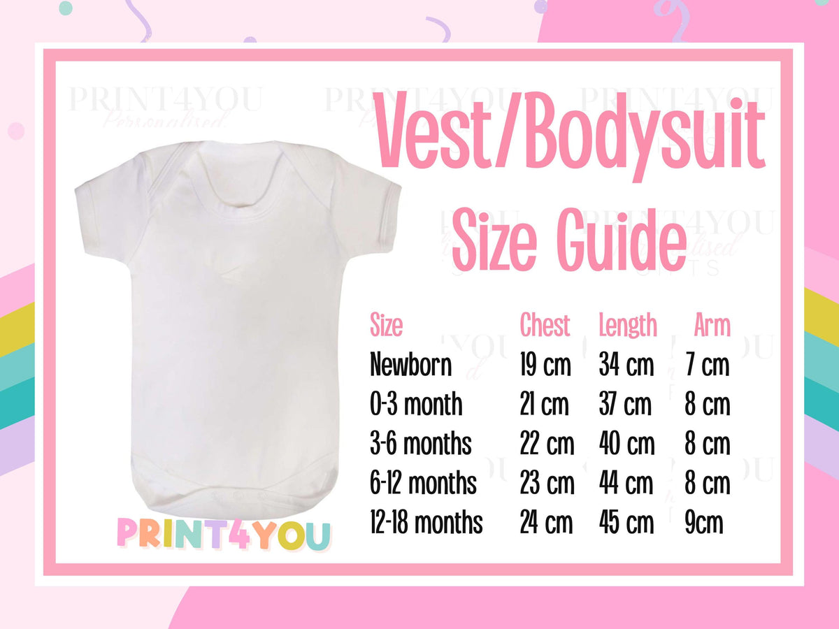 Print4You baby vest and bodysuit size guide with measurements by age