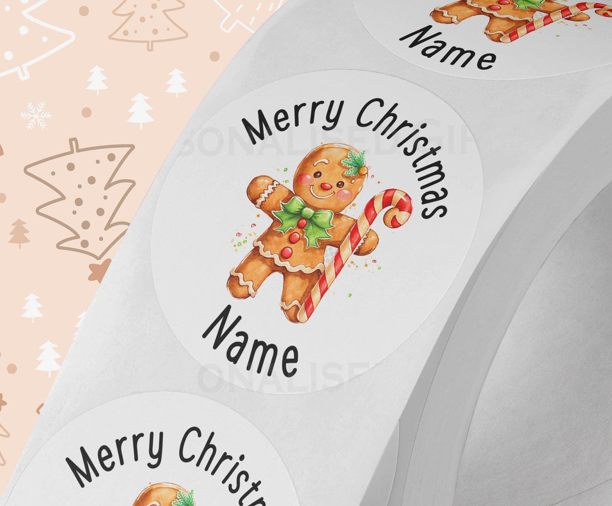 Personalised gingerbread girl Christmas sticker with custom name, glossy 5cm round gift label strip