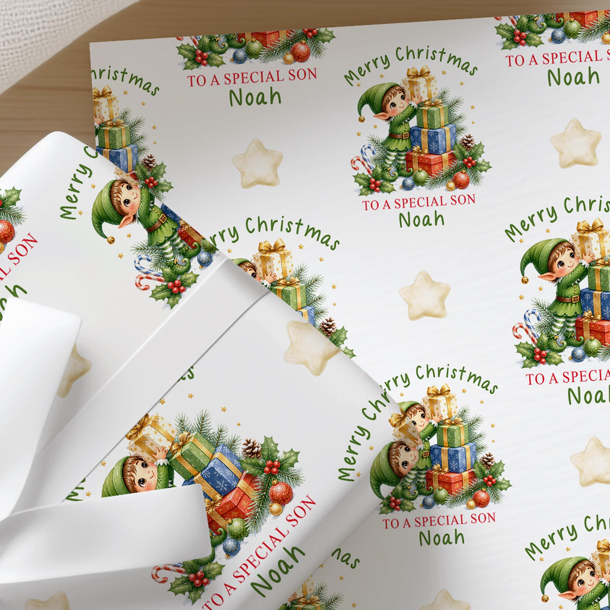 Christmas Elf Wrapping Paper, Personalised Name, Festive Gift Wrap