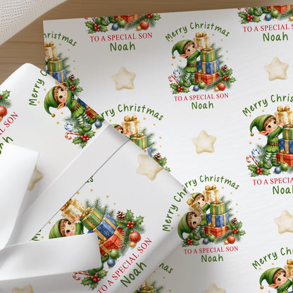 Christmas Elf Wrapping Paper, Personalised Name, Festive Gift Wrap
