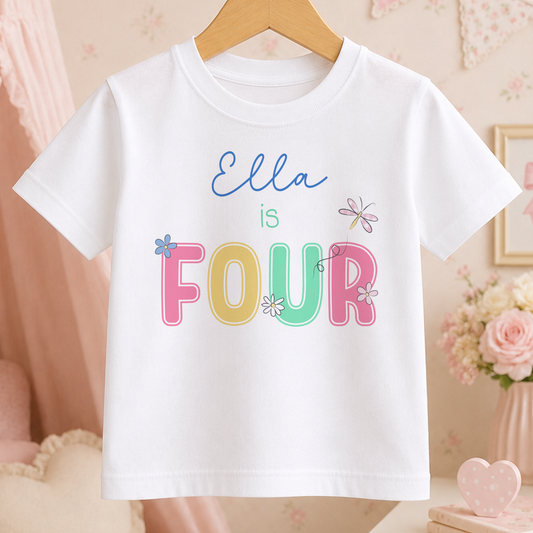 White cotton kids t-shirt personalised with name and age, pastel daisy and dragonfly design