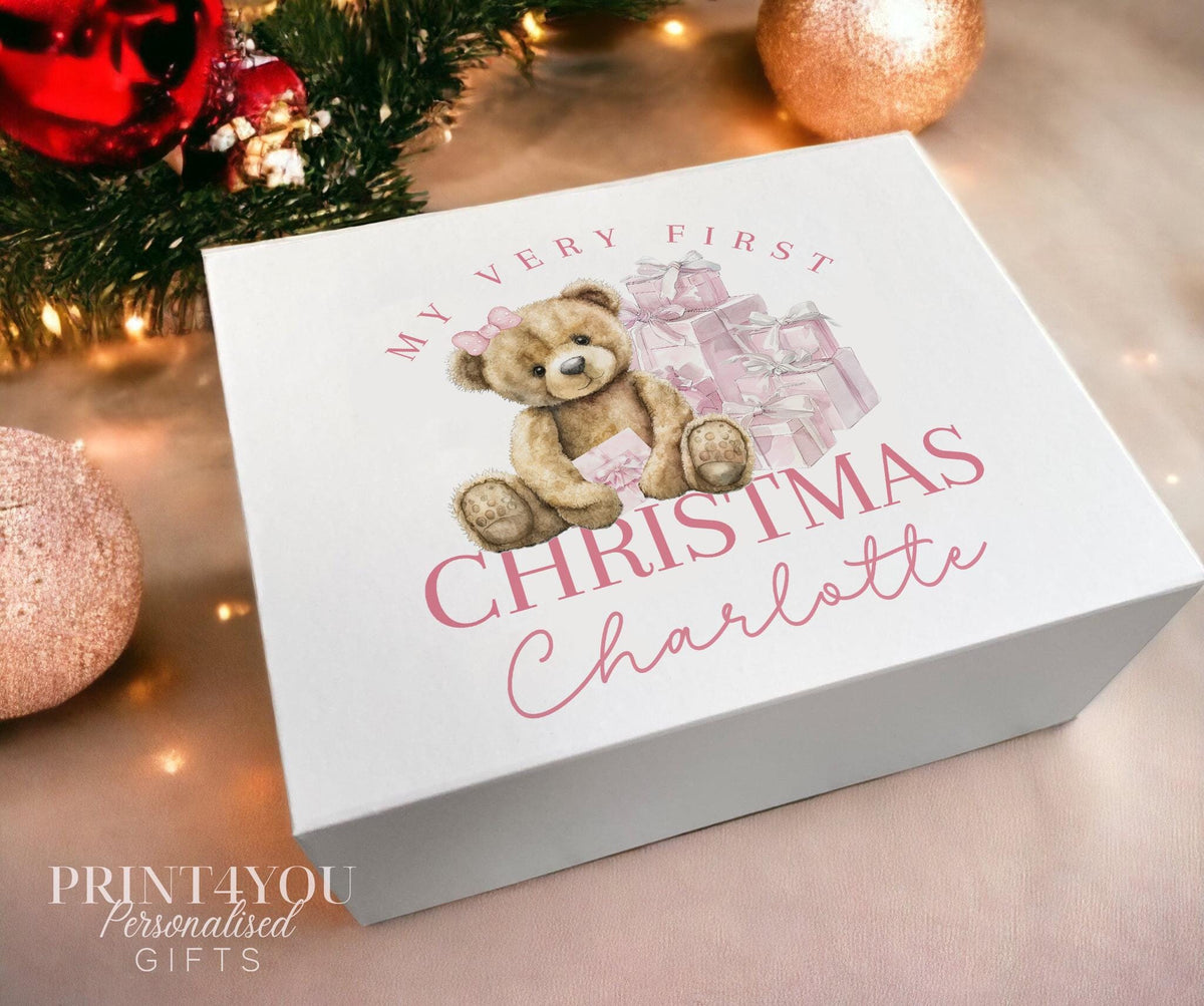 Personalised pink teddy bear Christmas Eve box with magnetic lid and custom name, medium size.