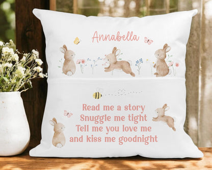 Personalised bunny book cushion showing name personalisation