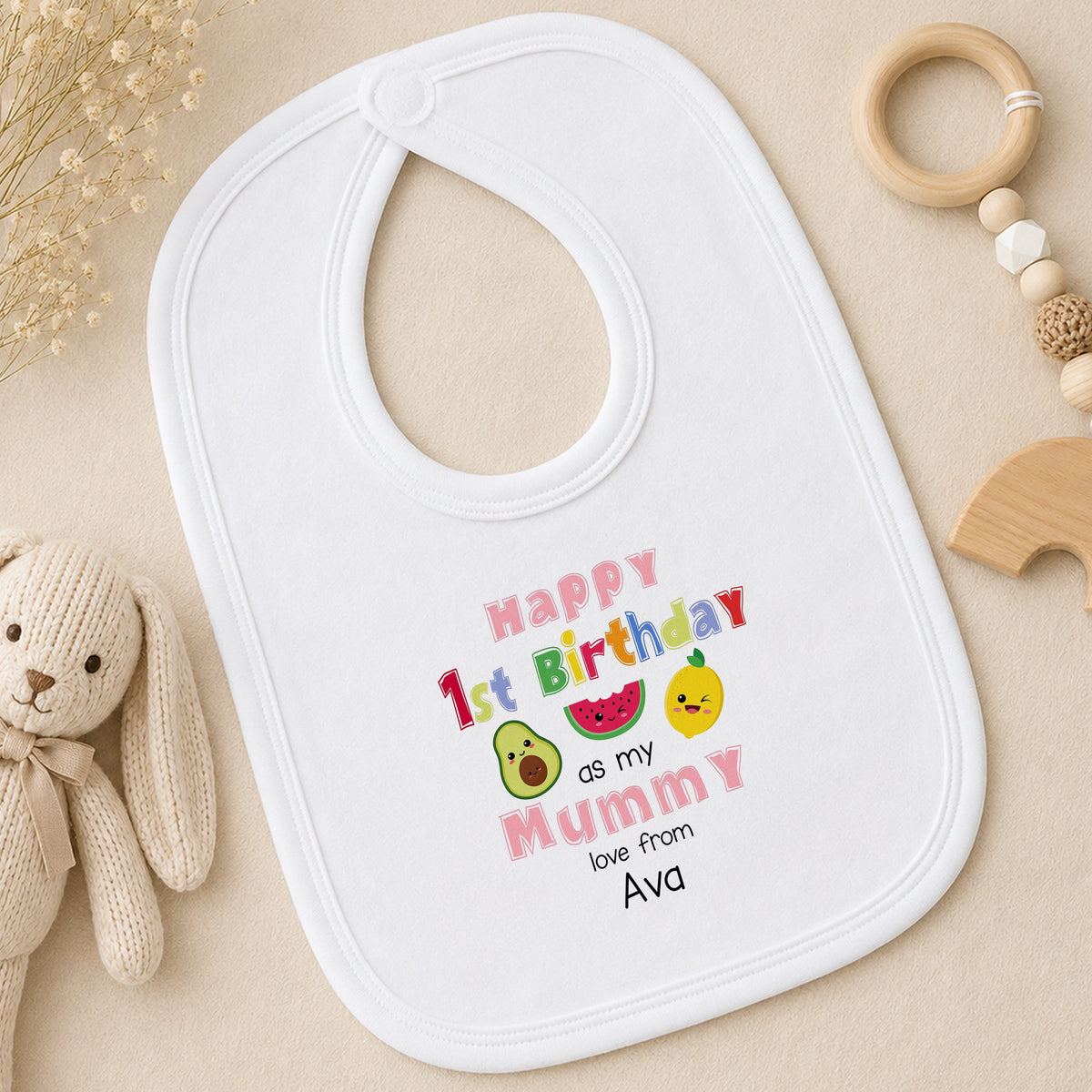 Personalised Mummys First Birthday Fruit Design Baby bib