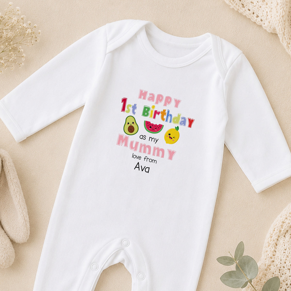 Personalised Mummys First Birthday Fruit Design Baby sleepsuit