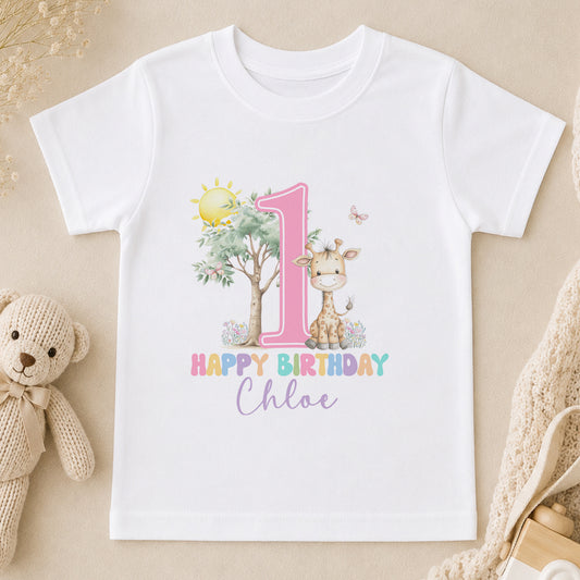 Personalised Pink Giraffe First Birthday t-shirt