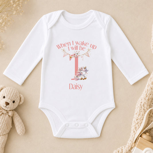 Personalised Pink Unicorn First Birthday long sleeve vest