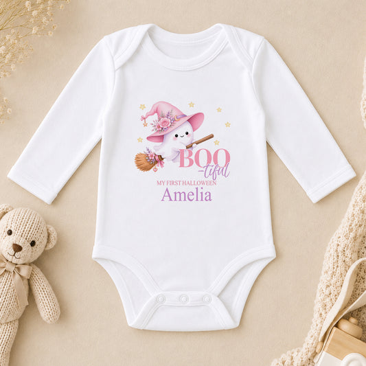 Personalised Pink Ghost & Witch Hat Baby Halloween long sleeve vest